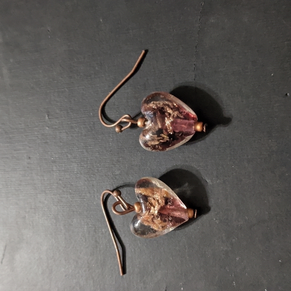 Copper Tone Pink Glass Heart with Copper Glitter Sparkle Dangle Earrings